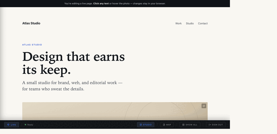 CaretCMS inline editor: edit headline and tagline in place, swap the hero image, highlight bindings, and open Studio