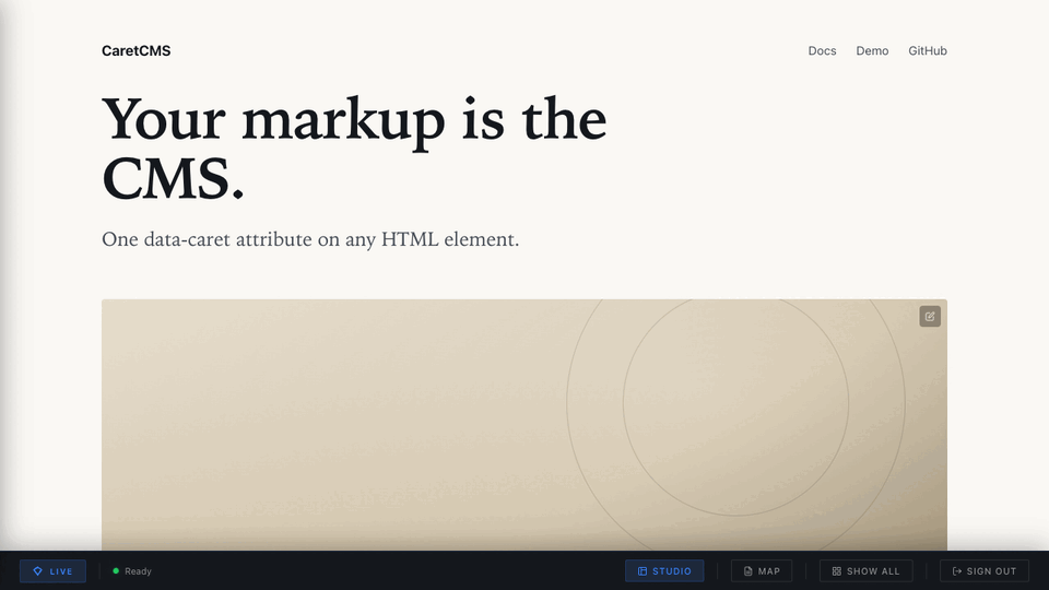 CaretCMS inline editor: edit headline and tagline in place, swap the hero image, highlight bindings, and open Studio